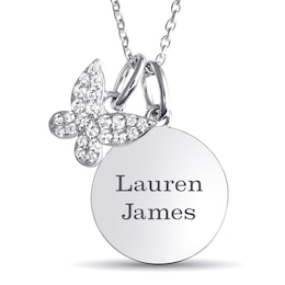 Engravable Round Disc and White Lab-Created Sapphire Butterfly Charm Necklace (2 Names)