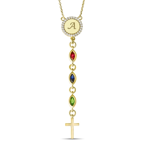 Family & Mother's Birthstone Cross Necklace (# Stones and 1 Initial)