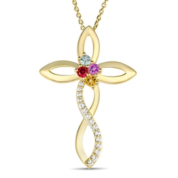 Color Stone and White Lab-Created Sapphire Family Cross Necklace (1-4 Stones)