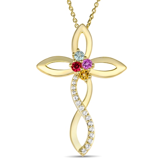 Color Stone and White Lab-Created Sapphire Family Cross Necklace (1-4 Stones)