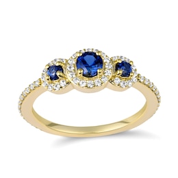 White Lab-Created Sapphire 3-Stone Round Halo Birthstone Ring (3 Stones)