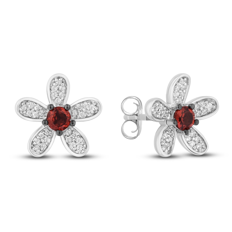 Disney Treasures Garnet & Diamond Vintage Mickey Flower Earrings 1/6 ct tw Sterling Silver