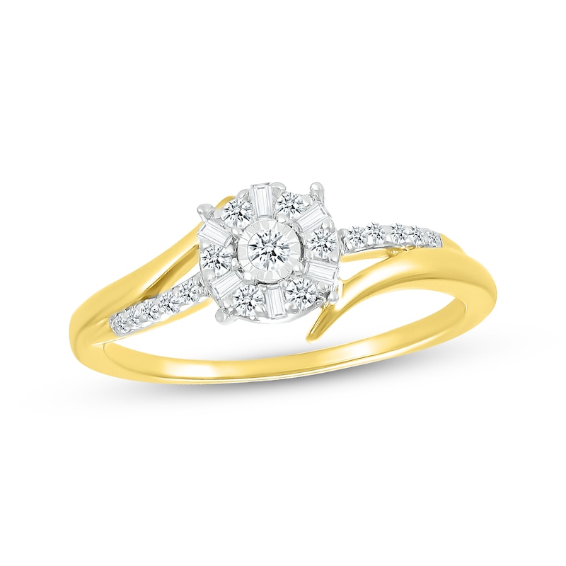 Main Image 1 of Baguette & Round-Cut Diamond Halo Bypass Promise Ring 1/5 ct tw 10K Yellow Gold