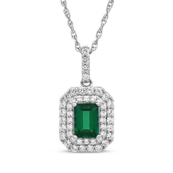 Octagon-Cut Lab-Created Emerald & White Lab-Created Sapphire Double Halo Necklace Sterling Silver 18"