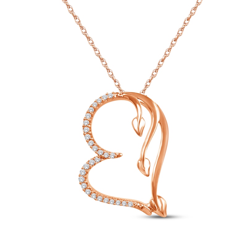 Main Image 1 of Diamond & Pink Sapphire Tilted Heart Leaf Necklace 1/8 ct tw 10K Rose Gold 18"