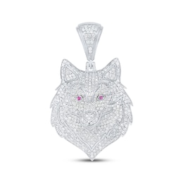 Diamond & Lab-Grown Ruby Wolf Head Charm 1-1/2 ct tw Sterling Silver