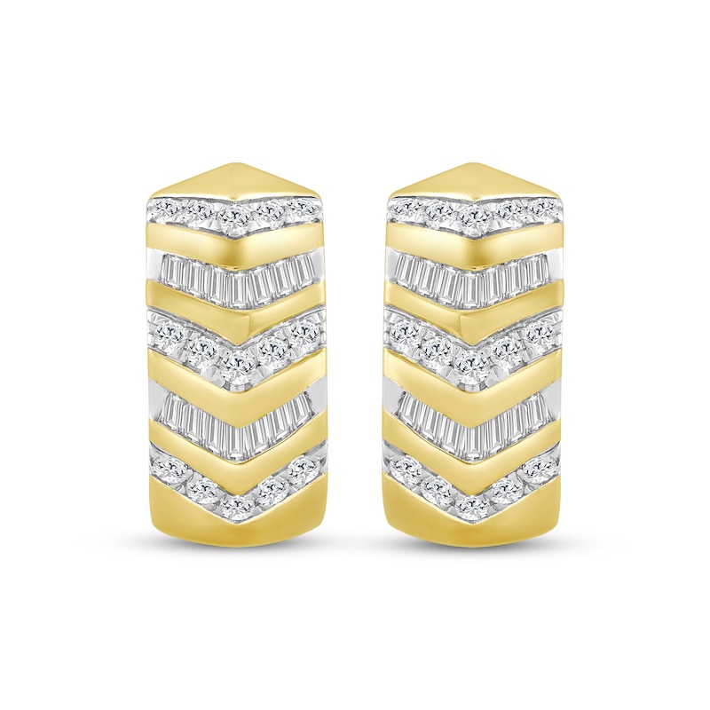 Main Image 2 of Men's Round & Baguette-Cut Diamond Chevron Huggie Hoop Earrings 1/2 ct tw 10K Yellow Gold