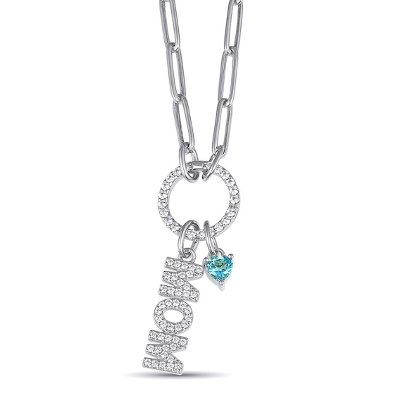 Lab-Created White Sapphire MOM and Birthstone Heart Paperclip Necklace (1 Stone)