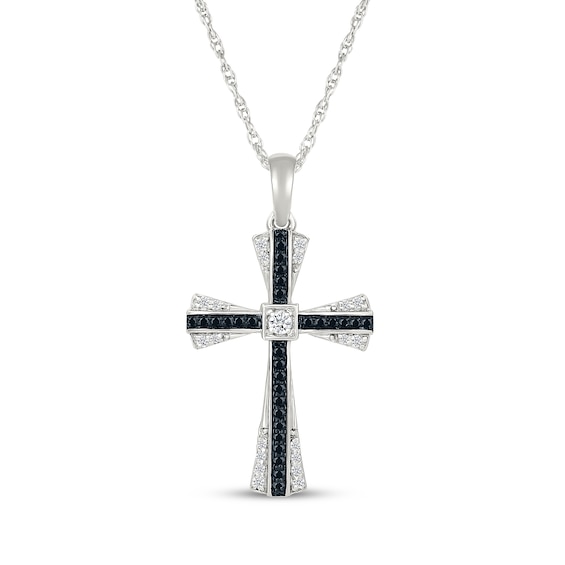 White & Black Diamond Flared Cross Necklace 1/4 ct tw Sterling Silver 18"