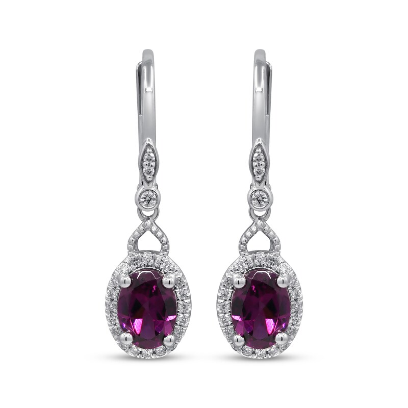 Main Image 2 of Oval-Cut Rhodolite Garnet & Diamond Drop Earrings 1/6 ct tw 10K White Gold