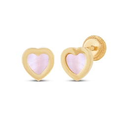 Children's Pink Mother-of-Pearl Heart Stud Earrings 14K Yellow Gold