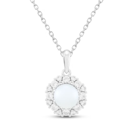 Cultured Pearl & White Lab-Created Sapphire Halo Necklace Sterling Silver 18"