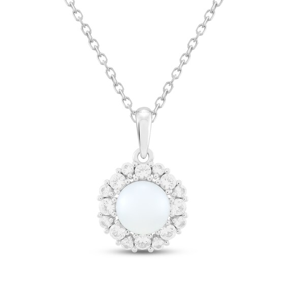 Cultured Pearl & White Lab-Created Sapphire Halo Necklace Sterling Silver 18"