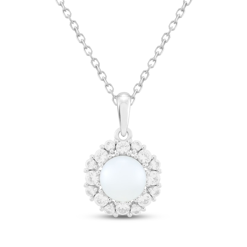 Main Image 1 of Cultured Pearl & White Lab-Created Sapphire Halo Necklace Sterling Silver 18"