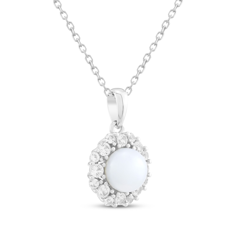 Main Image 2 of Cultured Pearl & White Lab-Created Sapphire Halo Necklace Sterling Silver 18"
