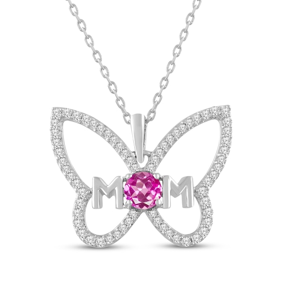 Pink & White Lab-Created Sapphire Butterfly "Mom" Necklace Sterling Silver 18"