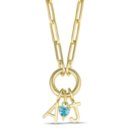 Initials and Birthstone Heart Paperclip Chain Necklace (2 Initials and 1 Stone)