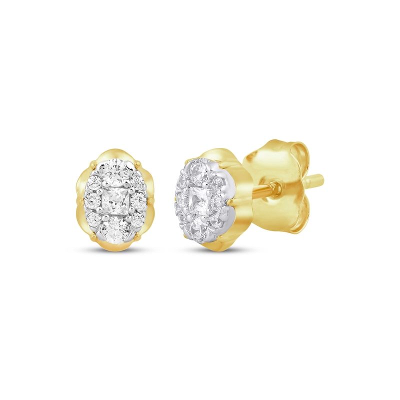 Main Image 1 of Princess & Round-Cut Multi-Diamond Scalloped Oval Stud Earrings 1/4 ct tw 10K Yellow Gold