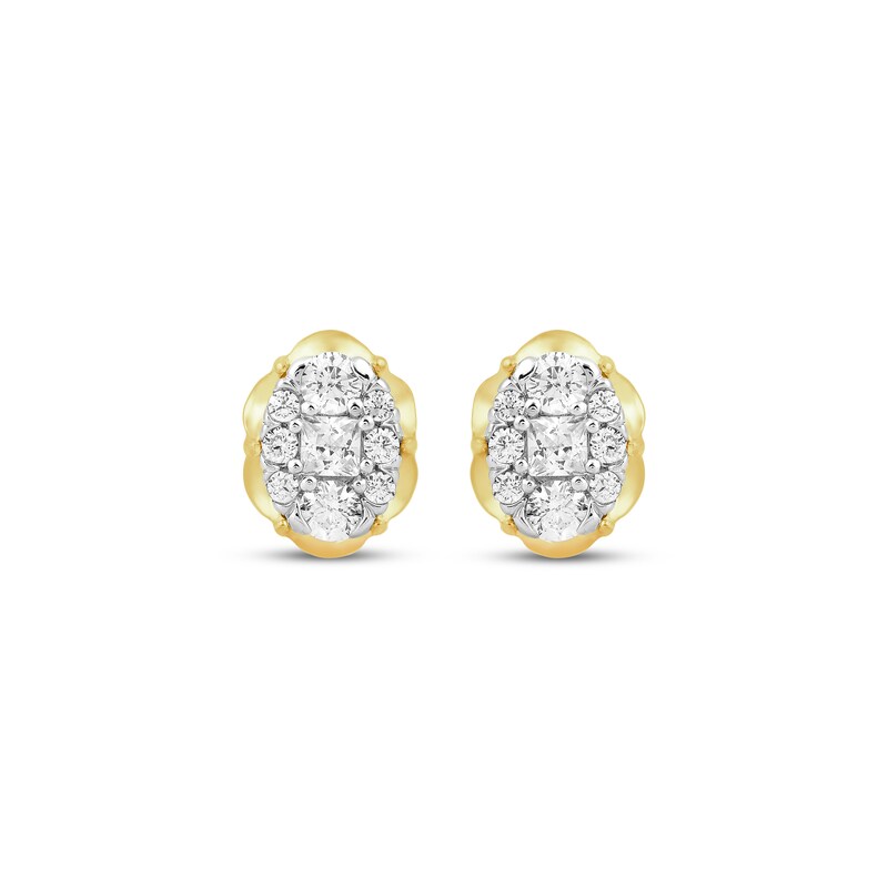 Main Image 2 of Princess & Round-Cut Multi-Diamond Scalloped Oval Stud Earrings 1/4 ct tw 10K Yellow Gold
