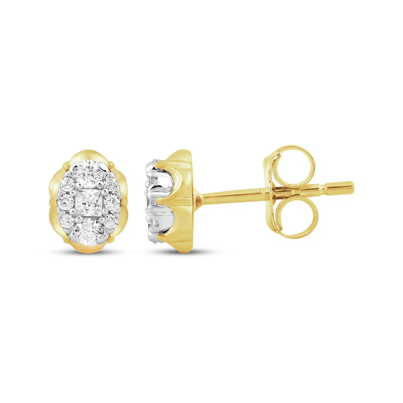 Main Image 3 of Princess & Round-Cut Multi-Diamond Scalloped Oval Stud Earrings 1/4 ct tw 10K Yellow Gold