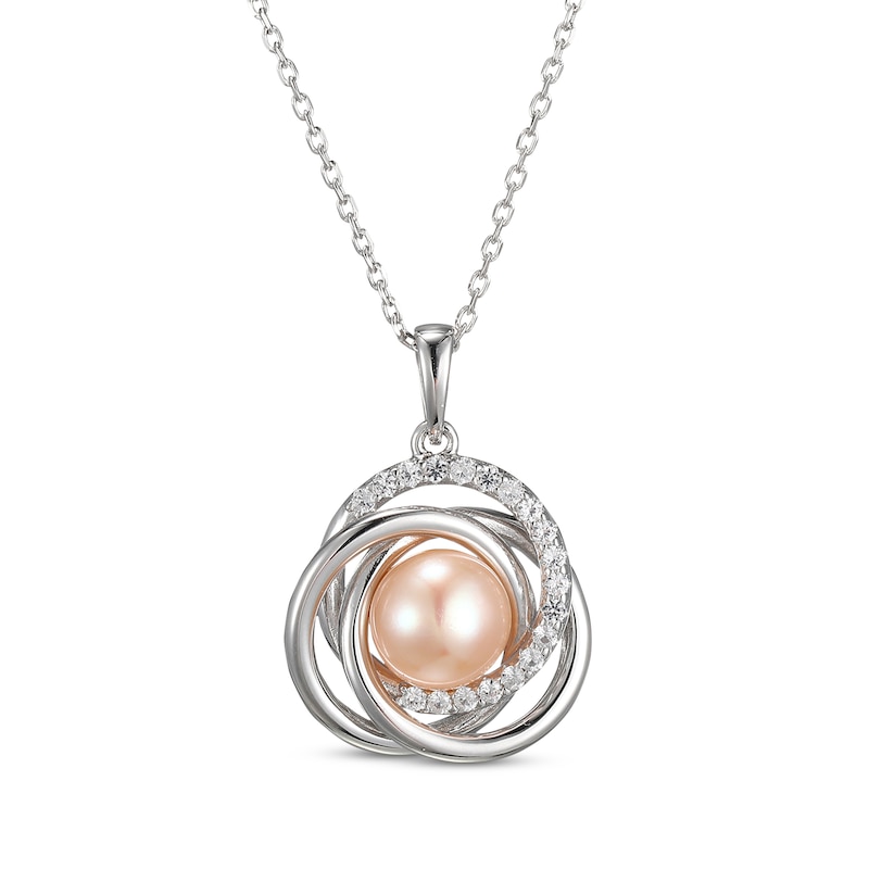 Main Image 1 of Pink Cultured Pearl & White Lab-Created Sapphire Circles Necklace Sterling Silver 18"