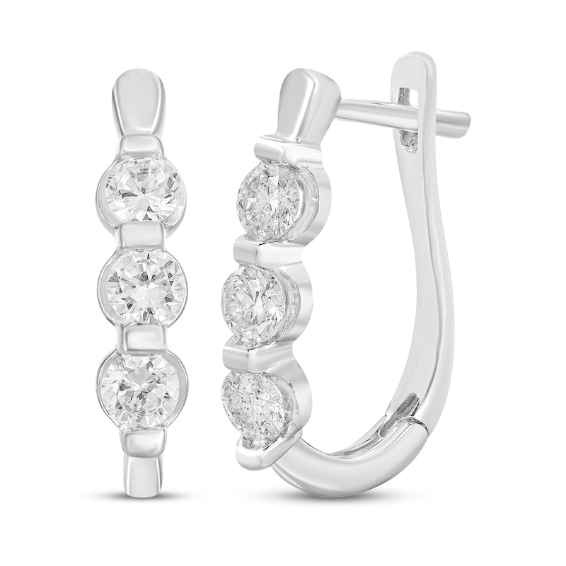 Main Image 1 of Diamond Three-Stone Hoop Earrings 1/2 ct tw 14K White Gold