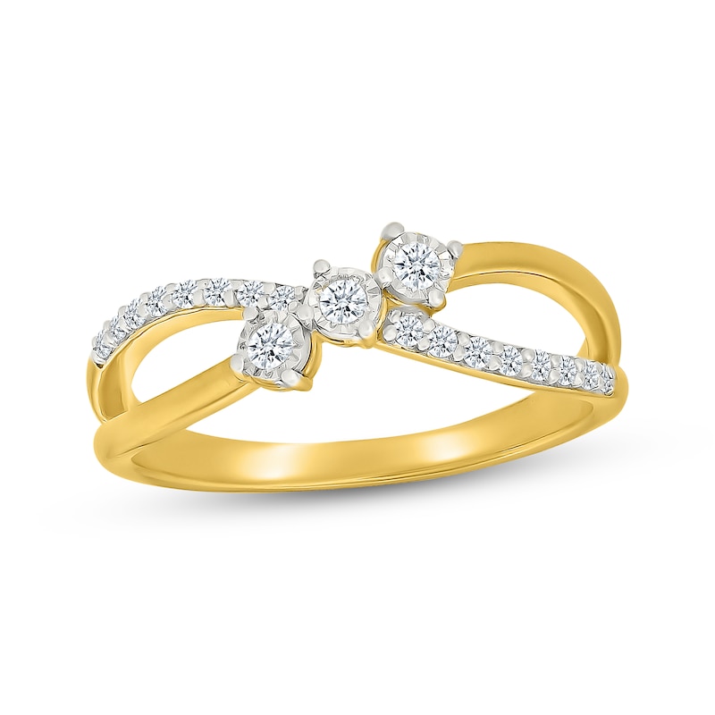 Main Image 1 of Diamond Three-Stone Crossover Fashion Ring 1/6 ct tw 24K Yellow Gold Vermeil Sterling Silver