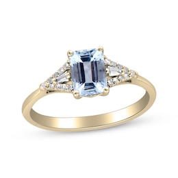 Emerald-Cut Aquamarine & Diamond Ring 1/10 ct tw 10K Yellow Gold