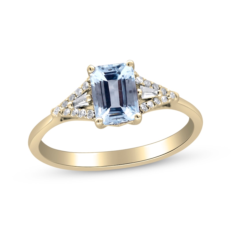 Main Image 1 of Emerald-Cut Aquamarine & Diamond Ring 1/10 ct tw 10K Yellow Gold
