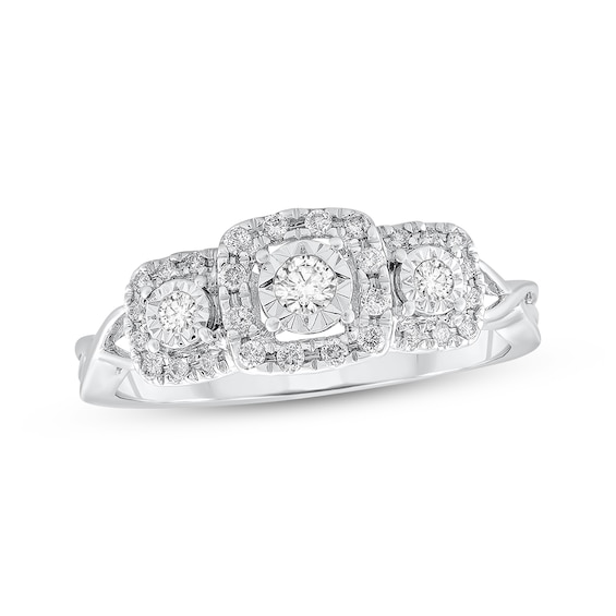 Adore Diamond Three-Stone Cushion Halo Engagement Ring 1/5 ct tw 10K White Gold