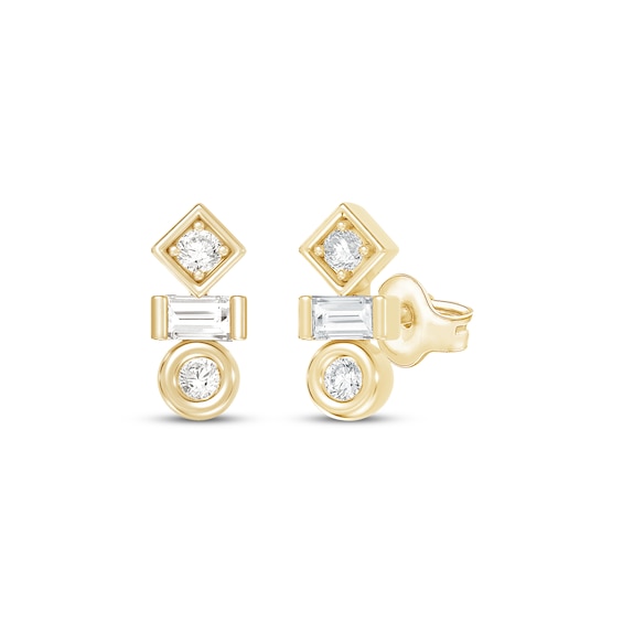 Baguette & Round-Cut Diamond Geometric Stud Earrings 1/6 ct tw 10K Yellow Gold