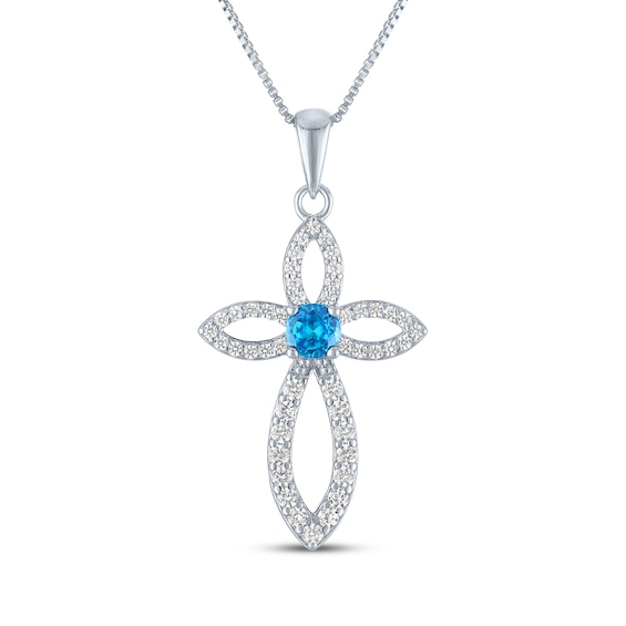 Swiss Blue Topaz & White Lab-Created Sapphire Cross Necklace Sterling Silver 18"