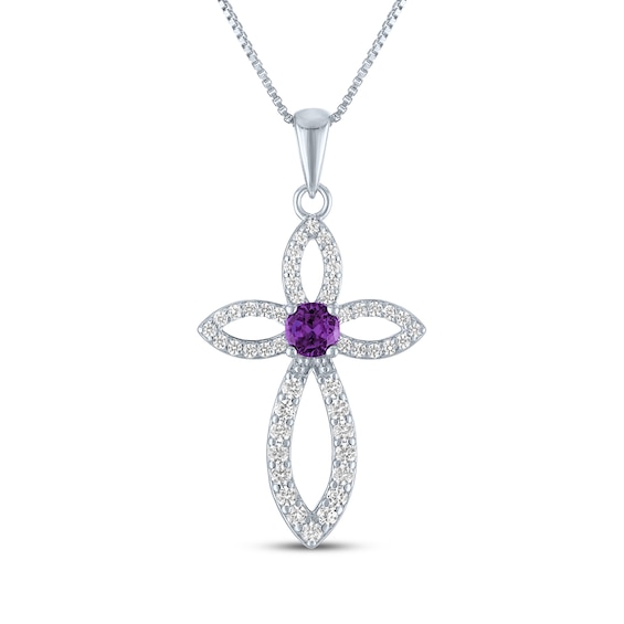 Amethyst & White Lab-Created Sapphire Cross Necklace Sterling Silver 18"