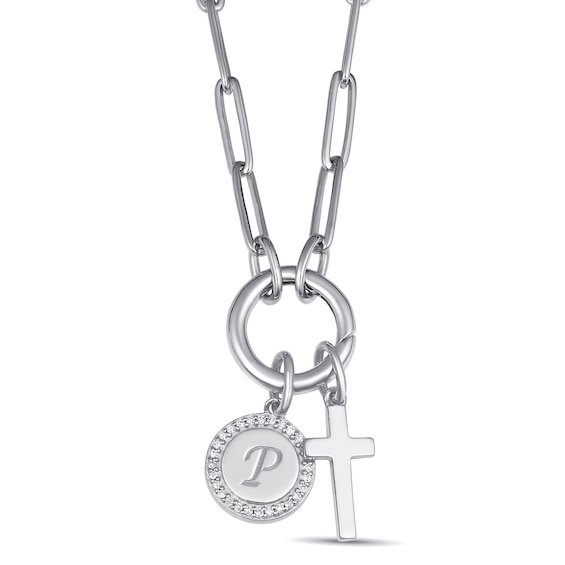 1/15 ct tw Diamond Round Disc and Cross Paperclip Chain Necklace (1 Initial)