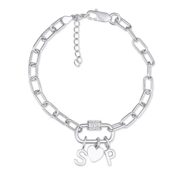 Lab-Created White Sapphire Accent Initials and Heart Paperclip Chain Bracelet (2 Initials)