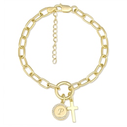 1/15 ct tw Diamond Round Disc and Cross Paperclip Chain Bracelet (1 Initial)