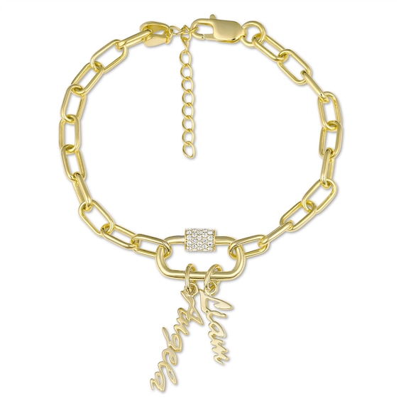 Lab-Created White Sapphire Accent Nameplates Paperclip Chain Bracelet 8" (2 Names)