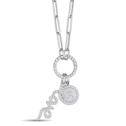 Lab-Created White Sapphire Love and Disc Charm Paperclip Chain Necklace (1 Initial)