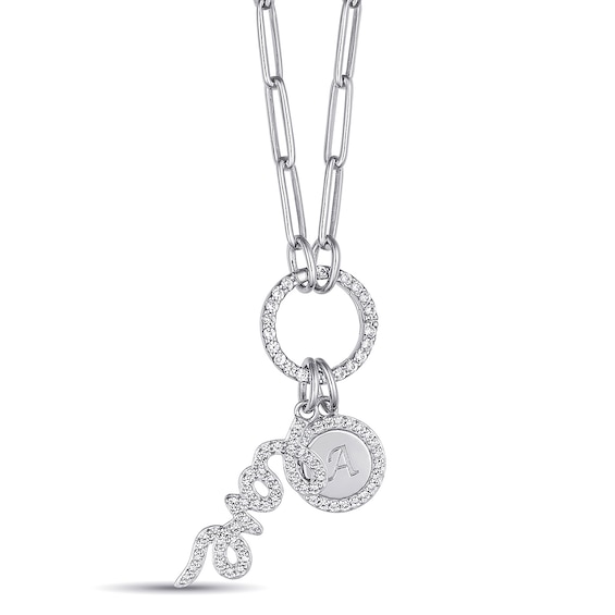 Lab-Created White Sapphire Love and Disc Charm Paperclip Chain Necklace (1 Initial)