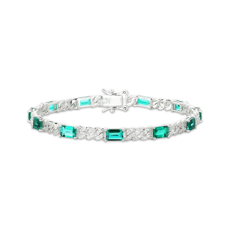 Main Image 1 of Emerald-Cut Lab-Created Emerald & White Lab-Created Sapphire Bracelet Sterling SIlver 7.25"