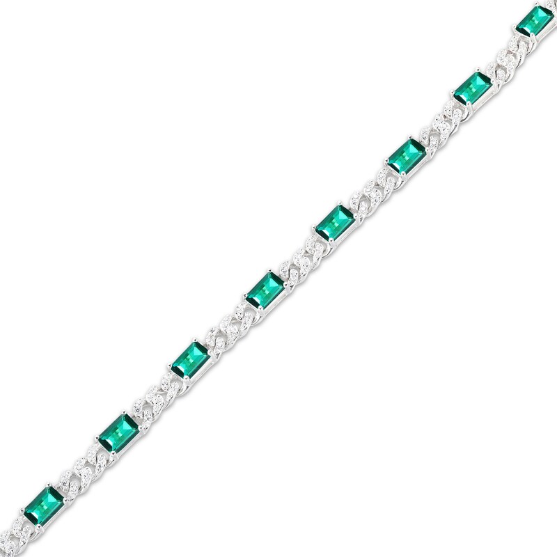 Main Image 2 of Emerald-Cut Lab-Created Emerald & White Lab-Created Sapphire Bracelet Sterling SIlver 7.25"
