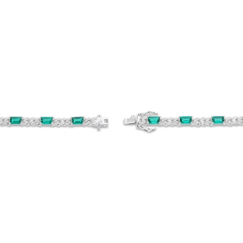 Main Image 3 of Emerald-Cut Lab-Created Emerald & White Lab-Created Sapphire Bracelet Sterling SIlver 7.25"