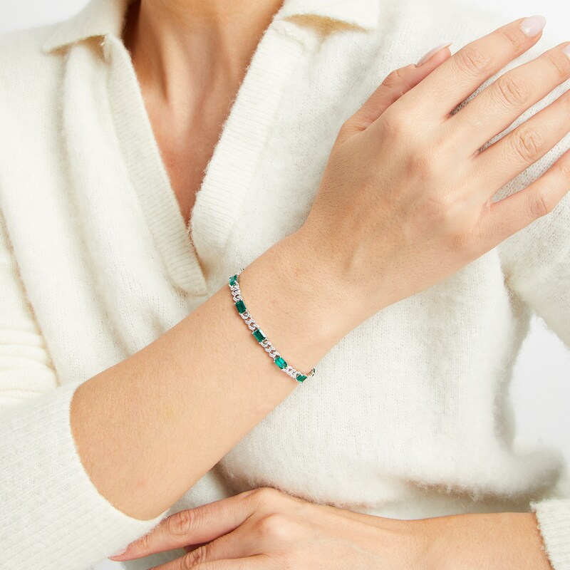 Main Image 4 of Emerald-Cut Lab-Created Emerald & White Lab-Created Sapphire Bracelet Sterling SIlver 7.25"