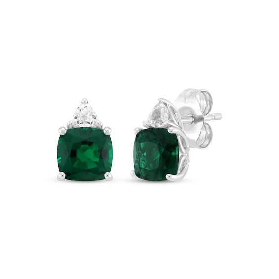 Cushion-Cut Lab-Created Emerald & White Lab-Created Sapphire Stud Earrings Sterling Silver