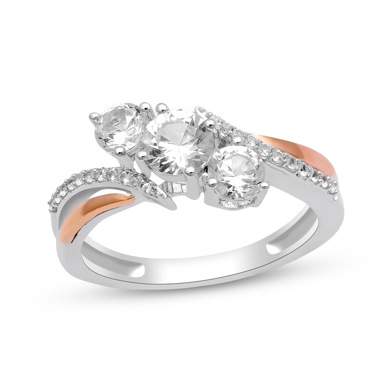 White Lab-Created Sapphire Three-Stone Bypass Ring Sterling Silver & 10K Rose Gold