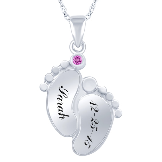 Birthstone Baby Feet Engravable Necklace (1 Stone and 2 Lines)