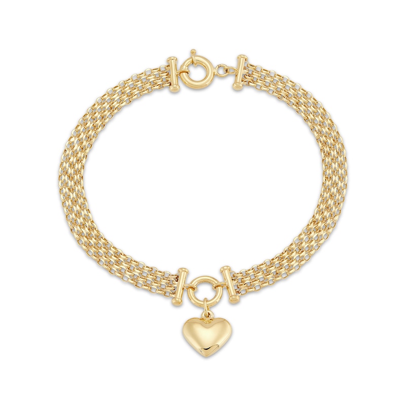 Main Image 1 of Heart Charm Bismark Bracelet Hollow 14K Yellow Gold 7.5"