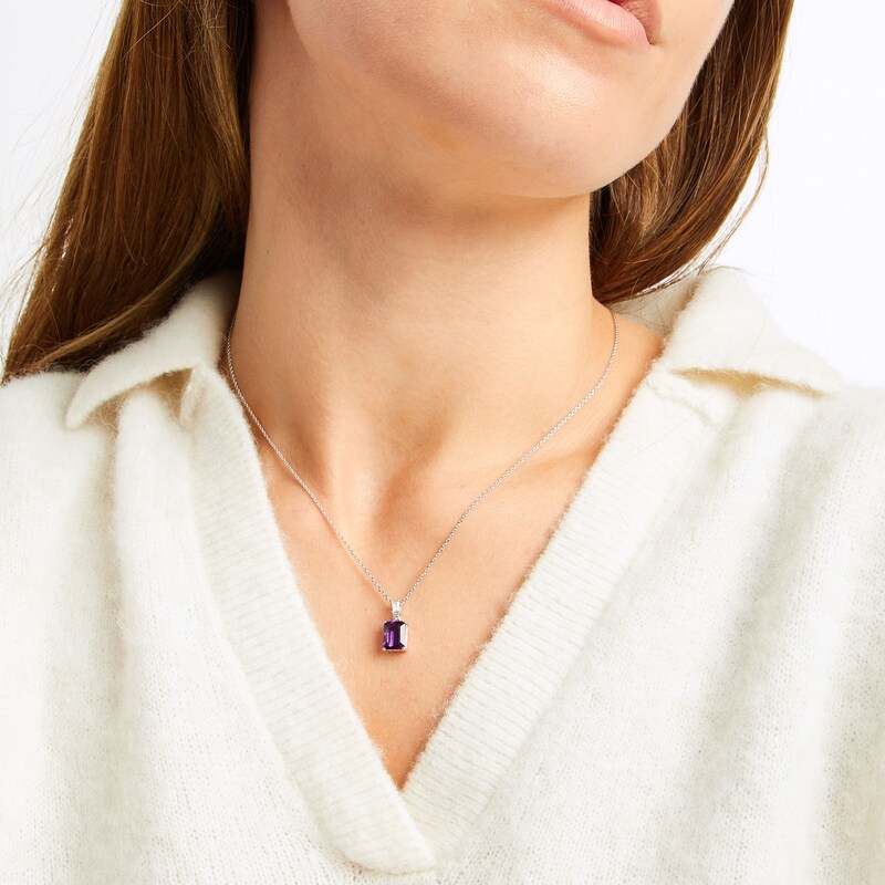 Main Image 3 of Emerald-Cut Amethyst & White Lab-Created Sapphire Necklace Sterling Silver 18"