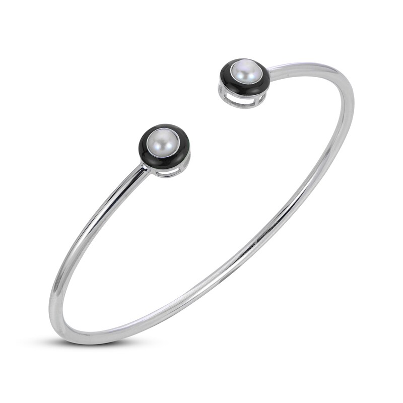 Cultured Pearl & Black Enamel Open Flex Bracelet Sterling Silver