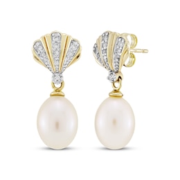Cultured Pearl & Diamond Seashell Drop Earrings 1/10 ct tw 10K Yellow Gold